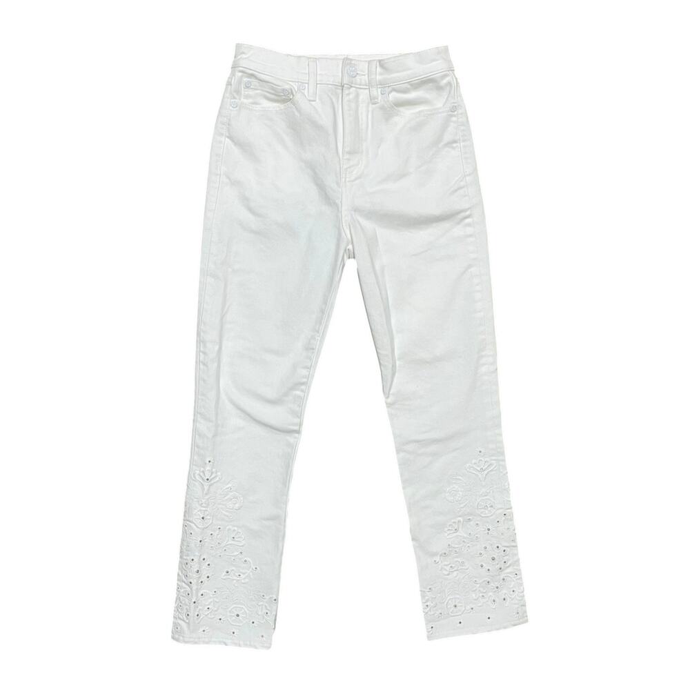 Tory Burch White Denim 26 Embroidered Floral Crop Jeans Beach Preppy Resort READ